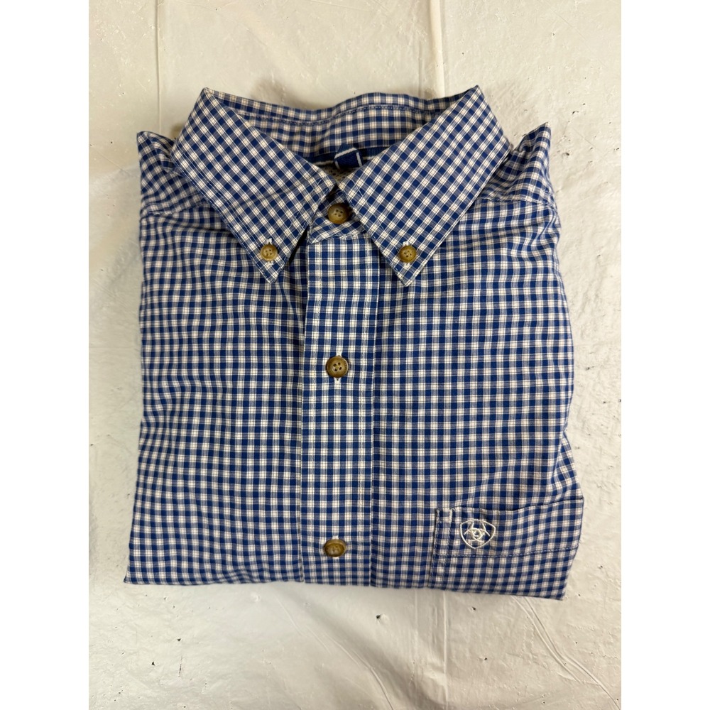 Ariat Pro Series Mens Blue White Gingham Long Sleeve Button Down Shirt Medium